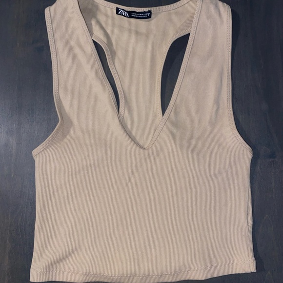Zara Tops - Zara Cream Ribbed Deep V Tank Top